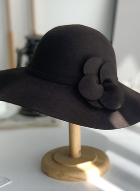 法式黑色大檐羊毛礼帽优雅复古赫本风英伦名媛大沿帽写真造型咖色