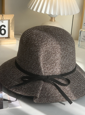 2023新款褶皱优雅蝴蝶结海边防晒遮阳盆帽日系赫本草帽女沙滩大檐