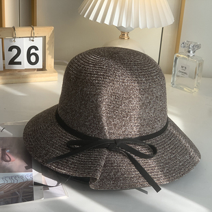2023新款褶皱优雅蝴蝶结海边防晒遮阳盆帽日系赫本草帽女沙滩大檐