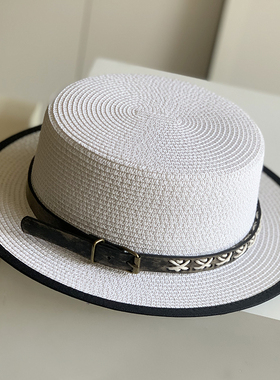 草帽女夏季高品质细编织平顶帽海边度假沙滩帽宽檐皮带扣白色礼帽