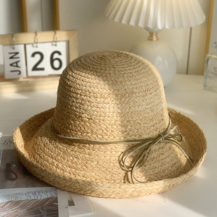 新款草帽女夏季拉菲草圆顶宽檐女士蝴蝶结卷边太阳帽草编帽子女款