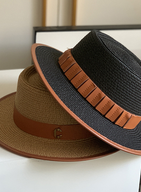 欧美标网红黑色草帽春夏男女遮阳防晒时尚太阳帽英伦平顶礼帽皮带