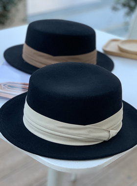 老钱风羊毛呢帽男女秋冬英伦风平顶帽显脸小百搭简约礼帽毡帽黑色