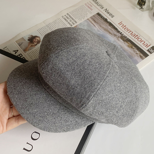 洋气灰色帽子女秋冬季 百搭羊毛呢八角帽潮英伦复古鸭舌贝雷帽大号