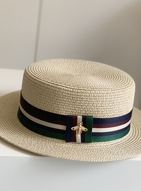 法国小蜜蜂平顶草帽子女夏天遮阳防晒女休闲度假男女平檐礼帽小沿