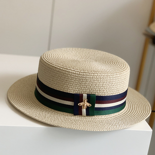 法国小蜜蜂平顶草帽子女夏天遮阳防晒女休闲度假男女平檐礼帽小沿