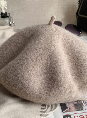 2023新款复古贝雷帽女秋冬百搭羊毛画家帽子英伦韩版蓓蕾帽奶茶色