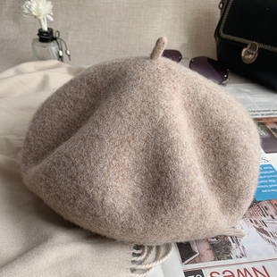 2023新款 蓓蕾帽奶茶色 复古贝雷帽女秋冬百搭羊毛画家帽子英伦韩版