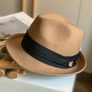 英伦风韩版高品质短檐驼色礼帽秋冬蜜蜂卷边法式复古爵士帽女卷边