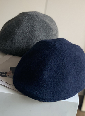 复古毛呢针织贝雷帽男女秋冬保暖金属扣画家帽硬顶前进帽子藏蓝色