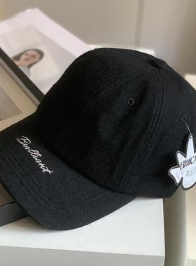 硬顶潮流女黑色羊毛鸭舌帽厚百搭有型字母情侣棒球帽子男女东大门