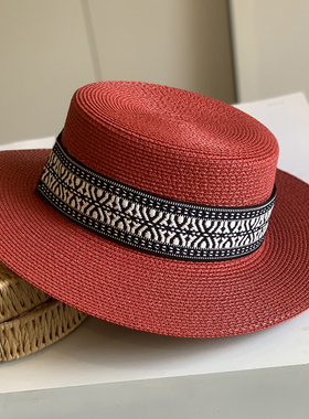红色草帽名族风提花平顶帽子云南丽江度假风平沿遮阳礼帽波西米亚