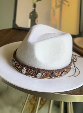 秋冬新款民族风白色羊毛呢帽子男女百搭巴拿马爵士帽西部牛仔礼帽