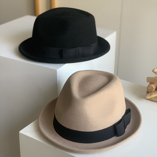 2023新款时尚英式礼帽女纯羊毛呢帽子秋冬卷边毡帽英伦爵士帽驼色
