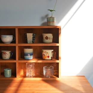 本枝记年 樱桃木实木格子架收纳架客厅桌面置物柜 小杯架