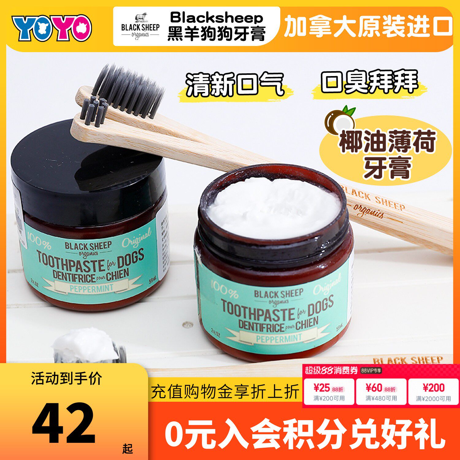 加拿大黑羊BlackSheep犬用椰油薄荷牙膏狗狗牙刷竹柄刷