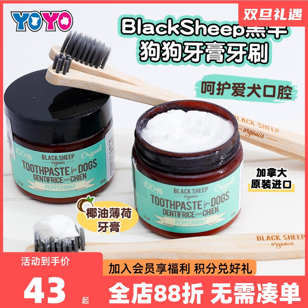加拿大黑羊BlackSheep犬用椰油薄荷牙膏狗狗牙刷竹柄刷