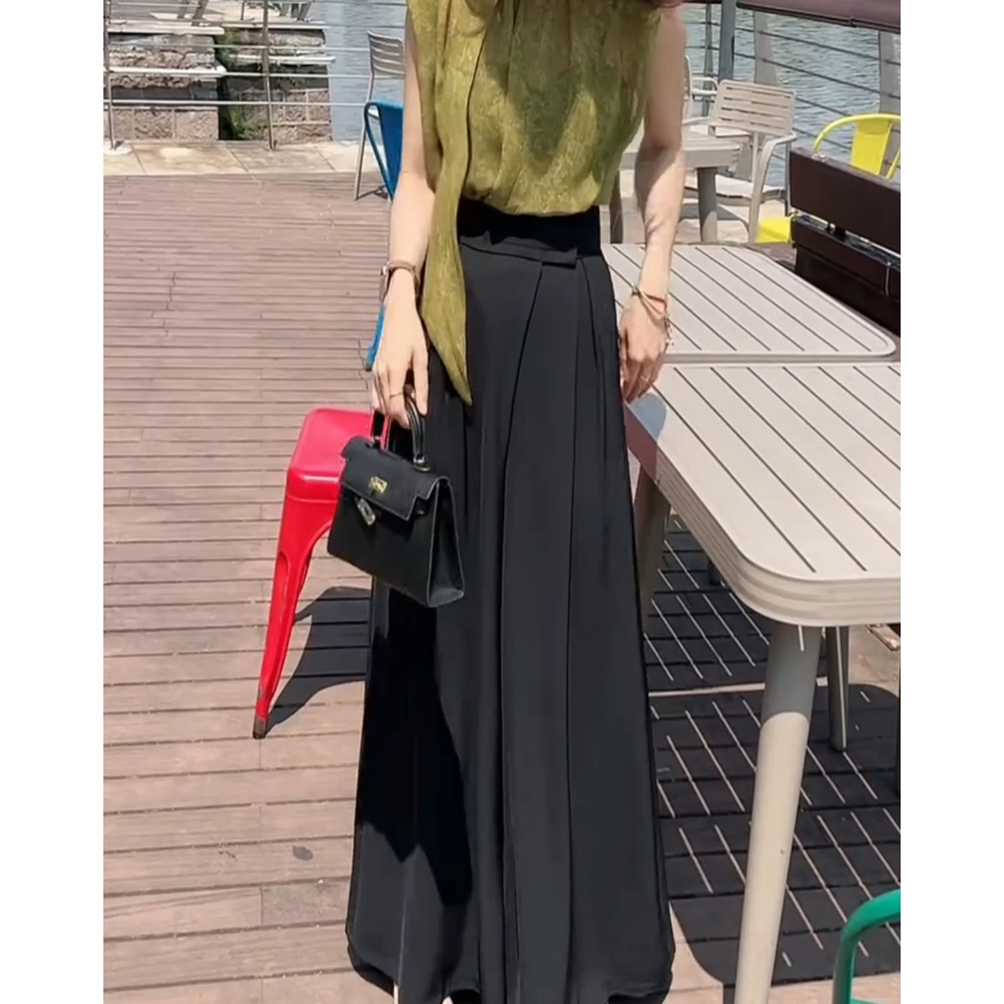 黑色加长高腰压褶魔术贴西装裤