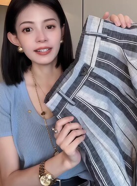 条纹亚麻裤女2026春季流行新款小众设计感通勤百搭休闲显瘦直筒裤