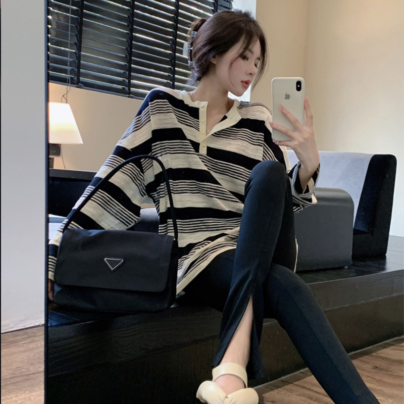 条纹长袖t恤女2025新款秋季大版宽松内搭打底衫圆领上衣潮牌体恤,女装/女士精品,大码内搭,淘宝优惠券,粉丝福利购,淘宝优惠卷