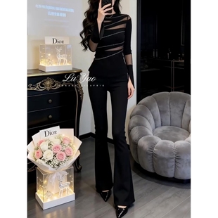 裤 黑色加绒加厚设计感高腰微喇裤 垂感西装 显瘦拖地喇叭裤 子 女修身