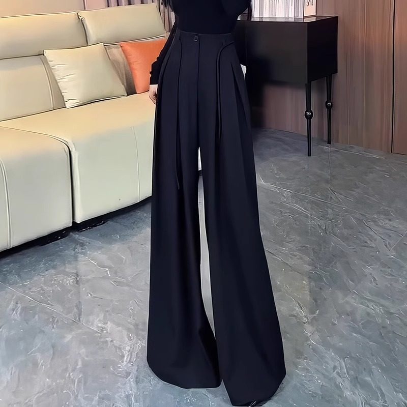 黑色褶皱设计西裤女宽松显瘦松弛垂坠感舒适直筒休闲裤百搭拖地裤,女装/女士精品,大码裤装,淘宝优惠券,粉丝福利购,淘宝优惠卷