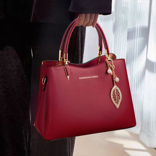 香港真皮妈妈包结婚包包新娘包红色喜婆婆婚礼中年手提包女女包