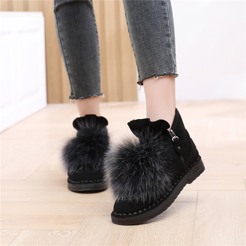 毛毛鞋加绒2025冬季平底球球雪地靴棉鞋双拉链女短靴保暖棉靴子