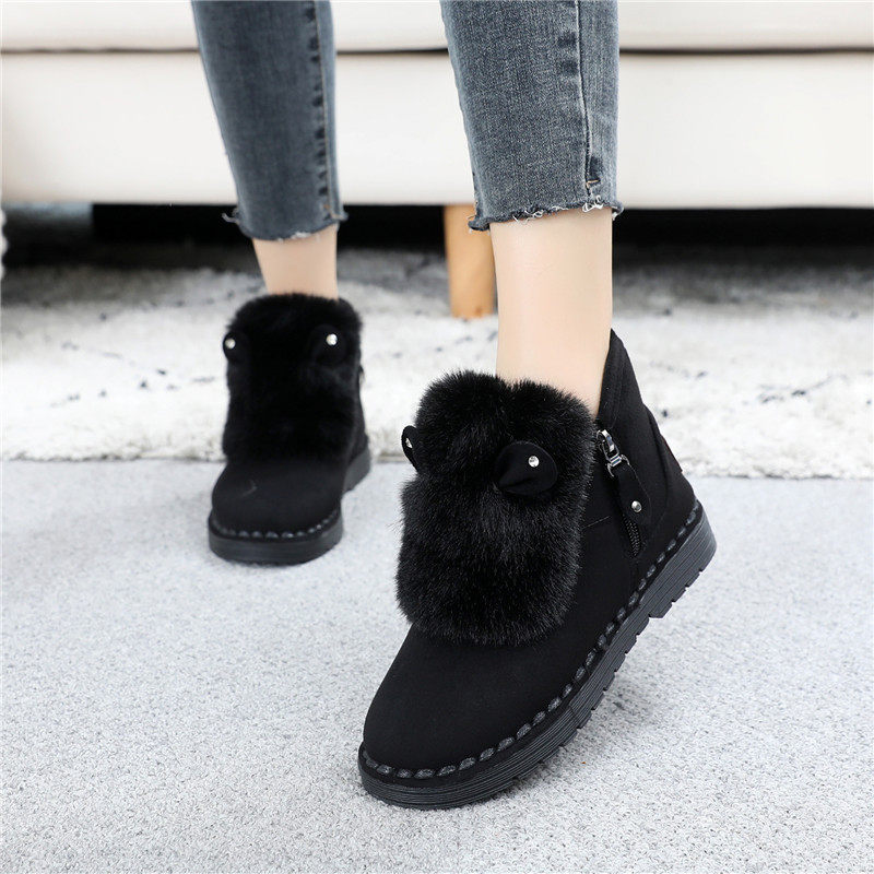 毛毛雪地靴女保暖棉鞋冬季加绒2026新款女鞋子侧拉链平底防滑短靴