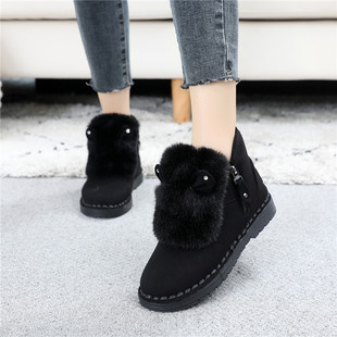 毛毛雪地靴女保暖棉鞋冬季加绒2026新款女鞋子侧拉链平底防滑短靴