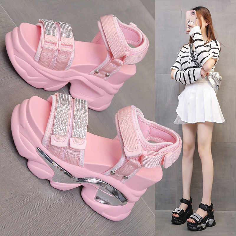 11cm内增高2025夏季新款厚底水钻魔术贴女百搭高跟休闲运动凉鞋潮,女鞋,休闲凉鞋,淘宝优惠券,粉丝福利购,淘宝优惠卷