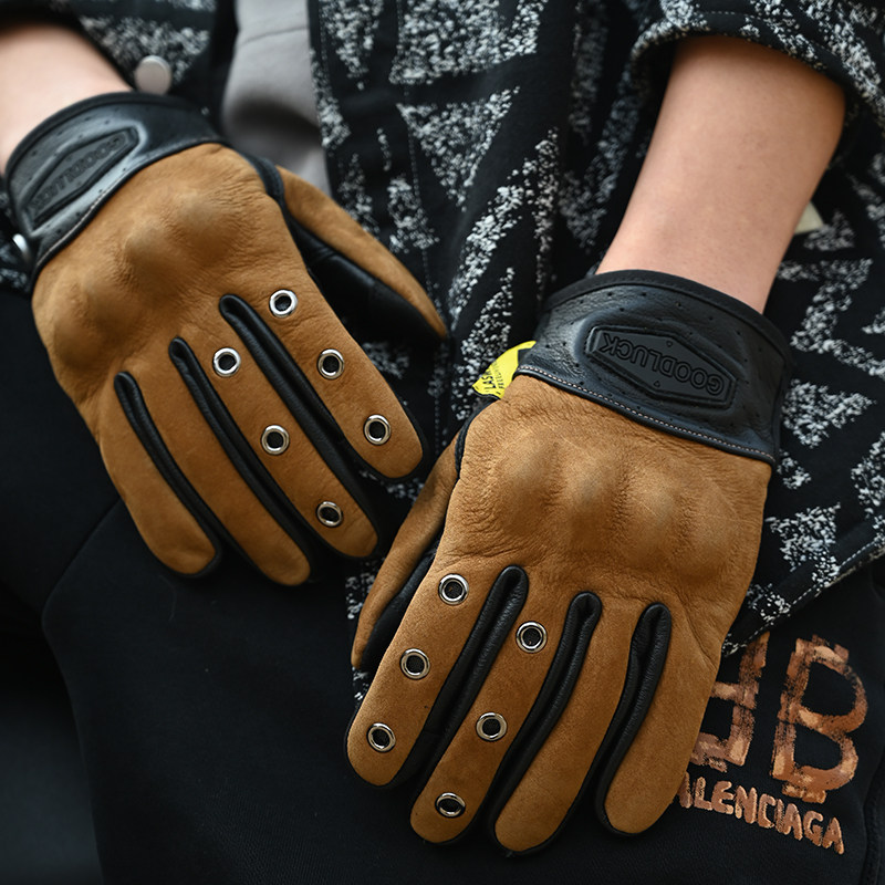 复古摩托车手套骑行机车防护护具牛皮真皮春秋透气结实耐磨 MOTOR