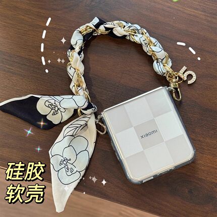 适用小米MixFlip2手机壳新款超薄透明软壳mixflip折叠屏保护壳高级感轻奢山茶花丝巾挂绳手提链斜跨防摔外壳