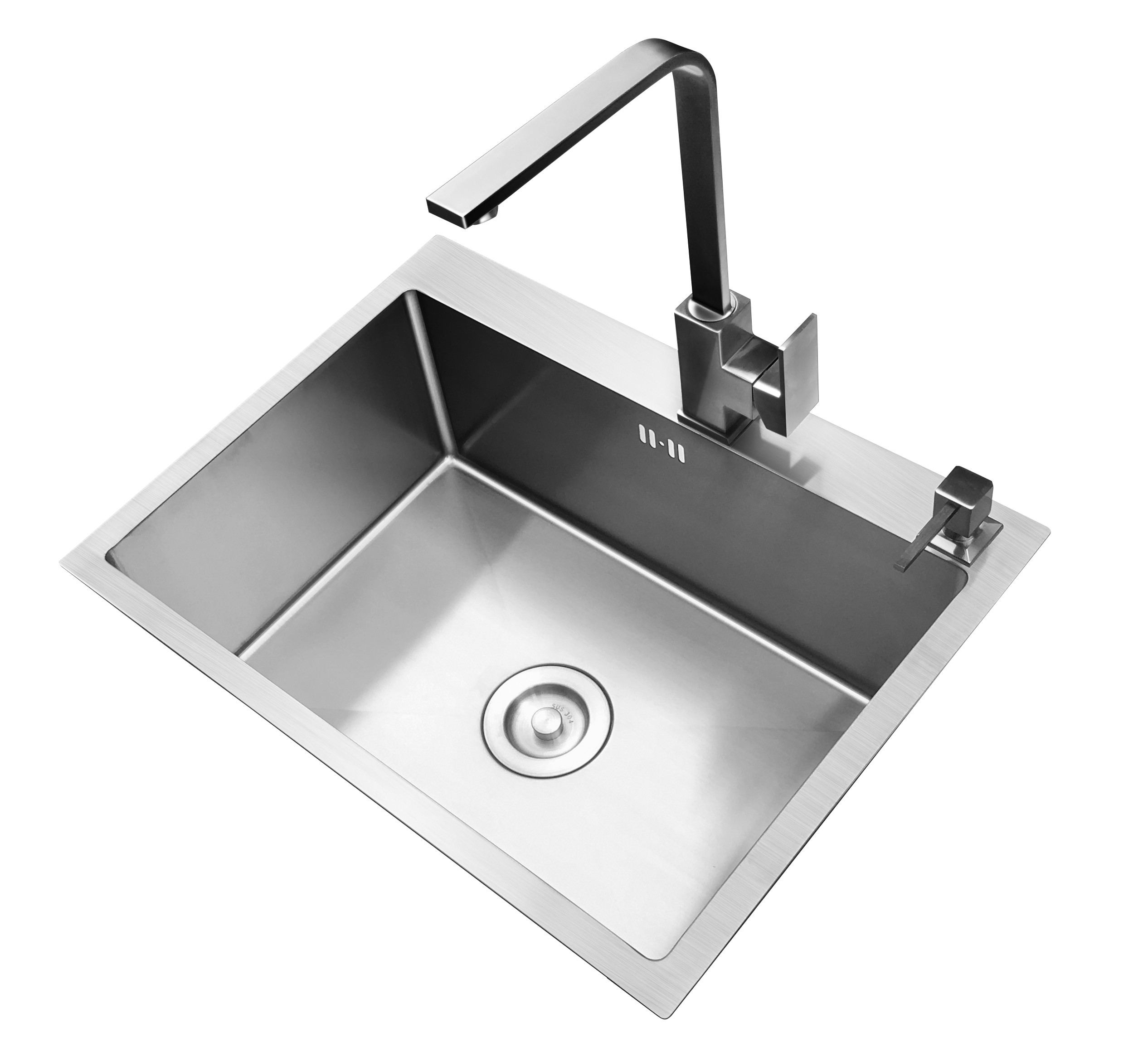 德国工艺简约6045台上台下方形厨房手工水槽圆形下水沥水篮套餐