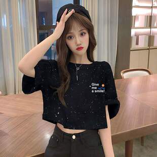 黑色纯棉短款短袖T恤女生高腰韩版宽松潮流满天星珠片设计上衣服