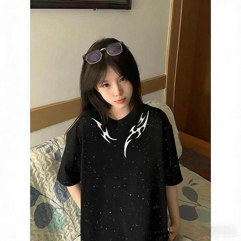 2026初夏新款高级感黑色中长短袖t恤女学生满天星宽松原宿风上衣