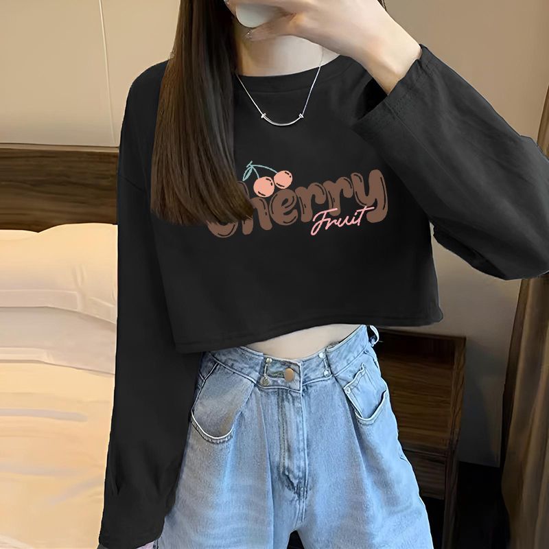 春秋新款韩版设计感宽松短款辣妹百搭上衣ins纯欲甜辣长袖t恤女装