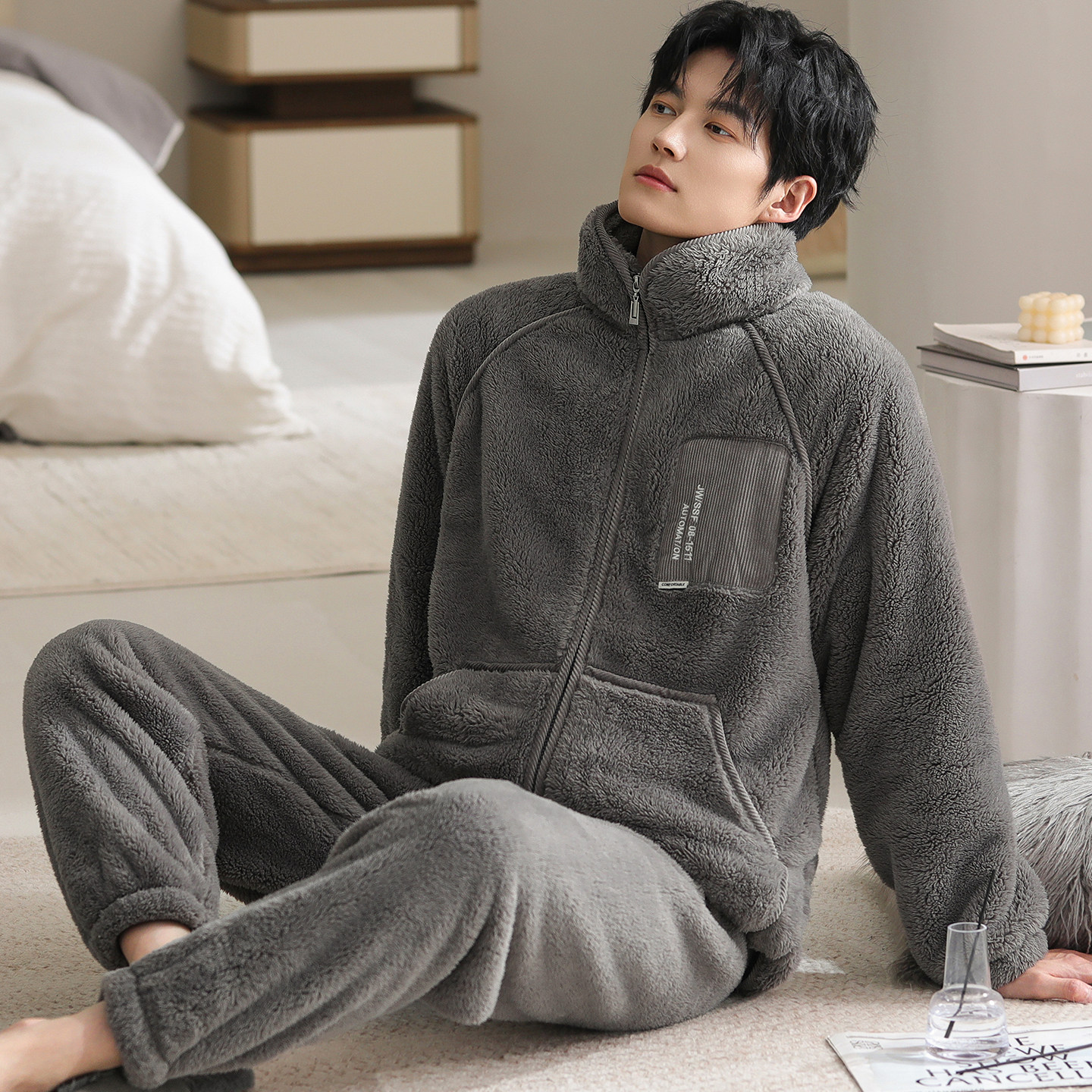睡衣男秋冬加厚加绒法兰绒套装珊瑚绒家居服开衫拉链大码保暖冬装