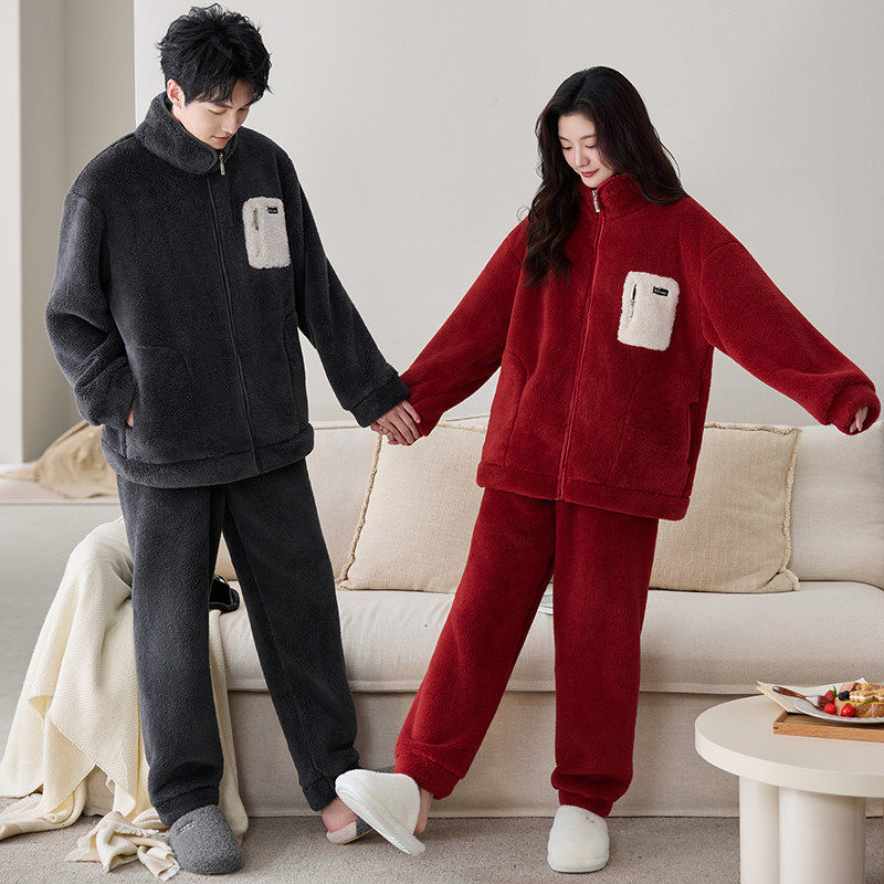 情侣睡衣女秋冬季双层复合加绒加厚珊瑚绒男法兰绒可外穿家居服