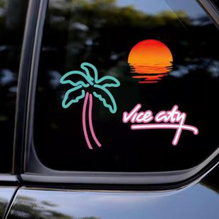 适用罪恶都市汽车贴沙滩椰子树夕阳三角窗玻璃电动车摩托装饰贴纸