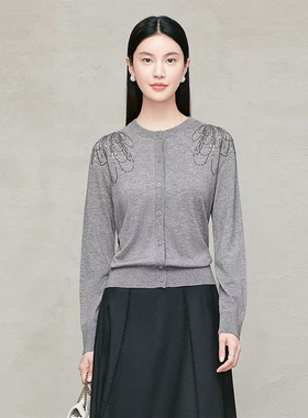 重工钉珠羊毛针织开衫女灰色圆领气质设计感上衣MQXSK6062