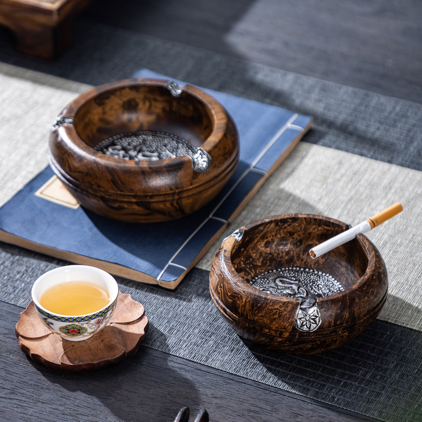 实木锡象复古烟灰缸泰国进口手工雕刻客厅装饰茶几摆件木质烟缸