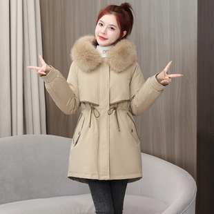 派克服女2025新款 加厚收腰毛领连帽棉衣外套 中长款