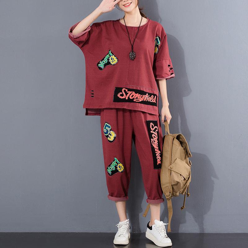 短袖套装女2025夏新款宽松大码破洞上衣贴布印花休闲两件套装女潮