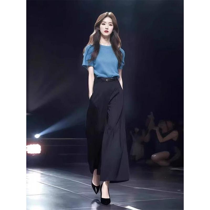 套装女2025夏季新款法式气质减龄蓝色针织短袖上衣高腰显瘦阔腿裤