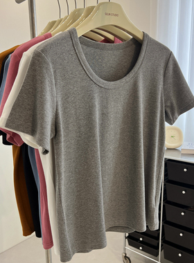简约纯色弹力螺纹圆领短袖t恤女修身显瘦打底衫内搭2024夏季新款