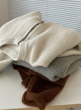 韩版时髦chic拉链立领拉链毛衣女宽松慵懒落肩针织开衫外套秋冬潮