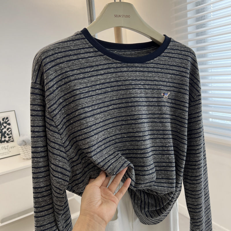 长袖复古条纹棉质女t恤上衣秋季