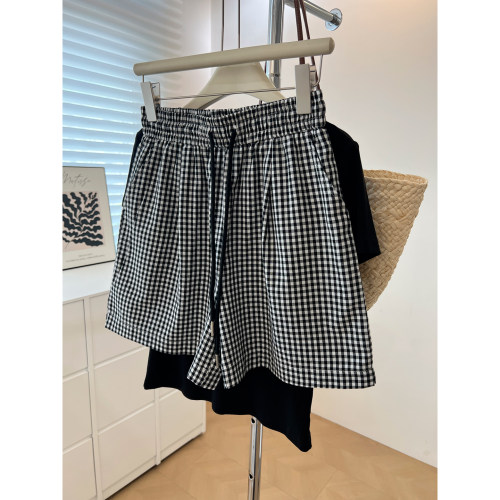 夏季高腰黑白格子宽松短裤女新款