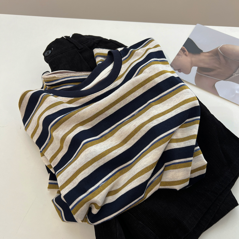 长袖韩版chic撞色条纹女长袖t恤